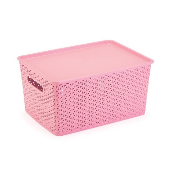 Imagem de Kit 2 Organizadores Rattan Grande Cesto Rosa Com Tampa 36Cm