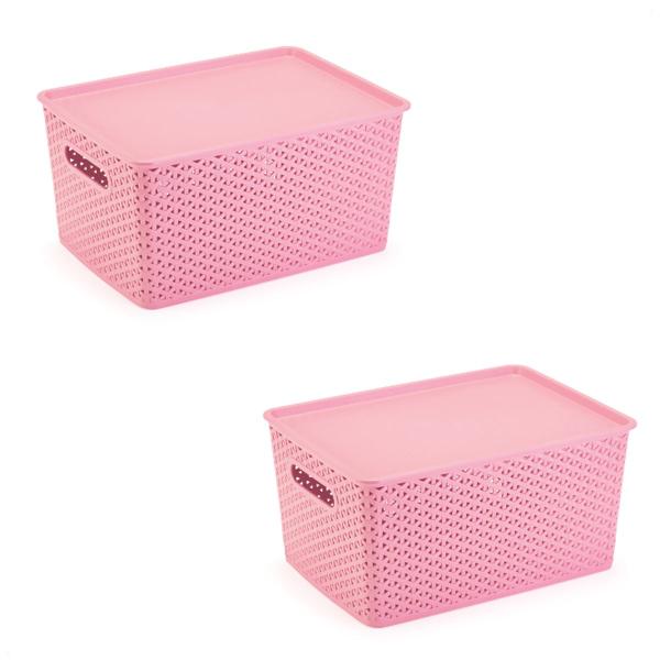 Imagem de Kit 2 Organizadores Rattan Grande Cesto Rosa Com Tampa 36CM