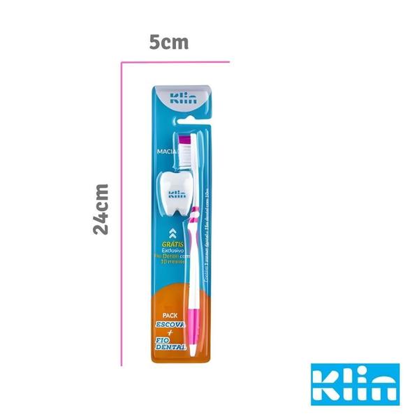 Imagem de Kit 2 Pack Escova Dental Macia Rosa + Fio Dental 10m Klin