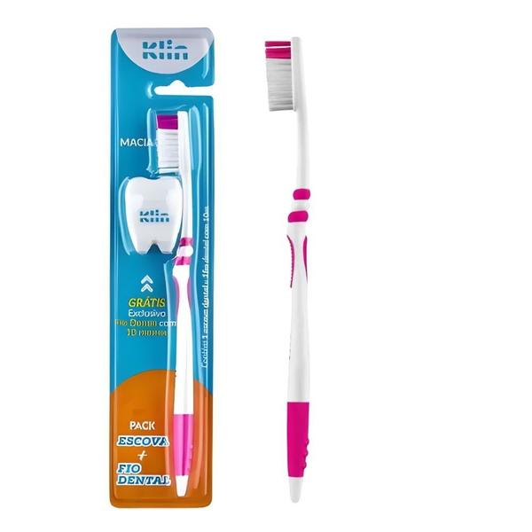 Imagem de Kit 2 Pack Escova Dental Macia Rosa + Fio Dental 10m Klin