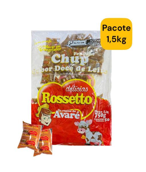 Kit 2 pacotes Chup Doce de Leite Rosseto 1,5kg c/ 50 un - Rossetto Imagem de Kit 2 pacotes Chup Doce de Leite Rosseto 1,5kg c/ 50 un