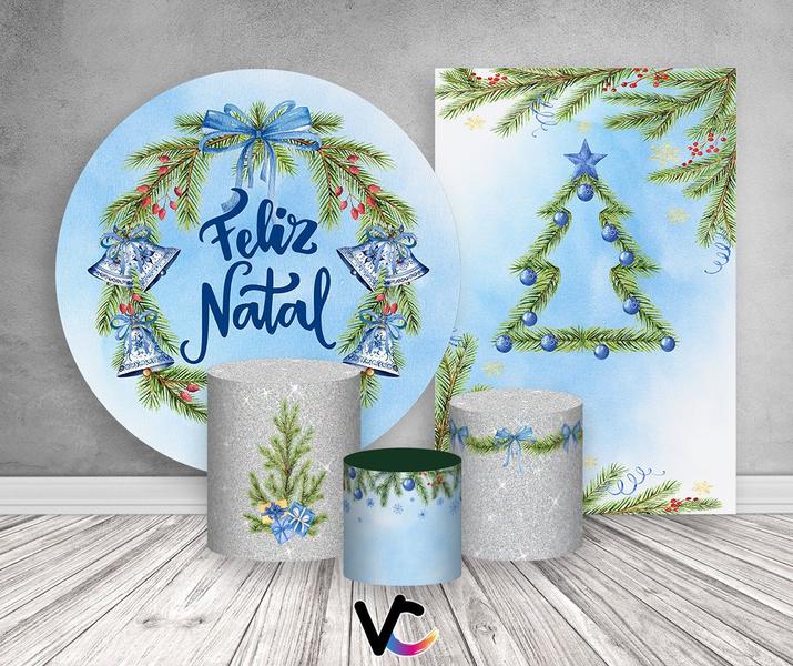 Imagem de Kit 2 Painéis De Festa + Trio De Capas Cilindro - Árvore de Natal Azul Guirlanda 006