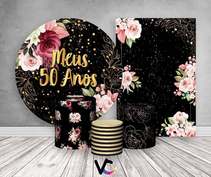 Imagem de Kit 2 Painéis De Festa + Trio De Capas Cilindro - Flores Efeito Brilhos Meus 50 Anos Dourado 015