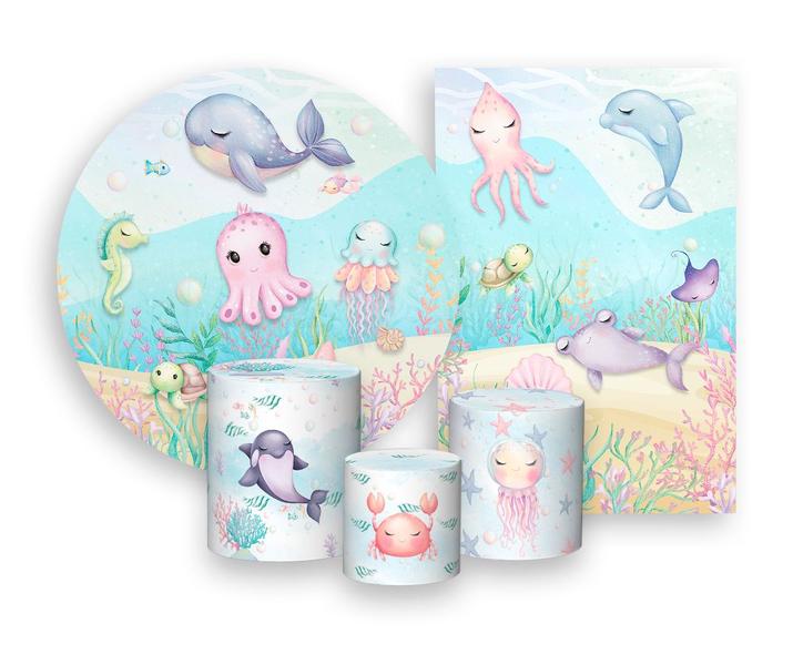Kit 2 Painéis De Festa + Trio De Capas Cilindro - Fundo do Mar Azul Aquarela 002 - Via Cores Imagem de Kit 2 Painéis De Festa + Trio De Capas Cilindro - Fundo do Mar Azul Aquarela 002