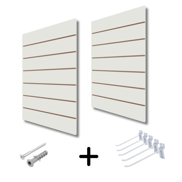 Imagem de Kit 2 Painel Canaletado Branco Mdf Para Loja 0,90x0,60m + 10 Ganchos Branco de 15cm