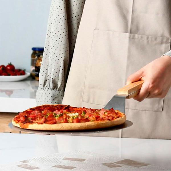 Imagem de Kit 2 pás de pizza espátula redonda 30 35cm pequena grande inox cabo madeira forno assar massas pães