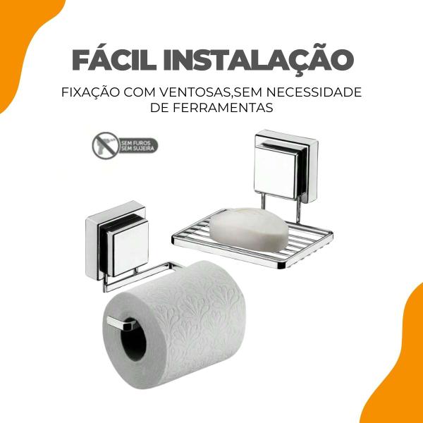 Imagem de Kit 2 Peças Banheiro Suporte Sabonete Saboneteira Papel Higiênico Papeleira Ventosa Sem Furo Cromado