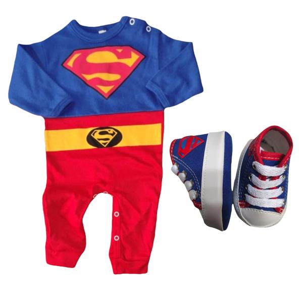 Imagem de Kit 2 Peças Macacão + Tênis Super Man Fantasia Mesversario Menino Bebê