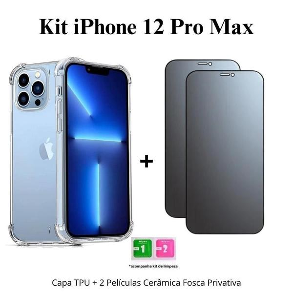 Imagem de Kit 2 Películas Cerâmica Fosca Privacidade + Capa Capinha Transparente para Iphone 12 Pro Max