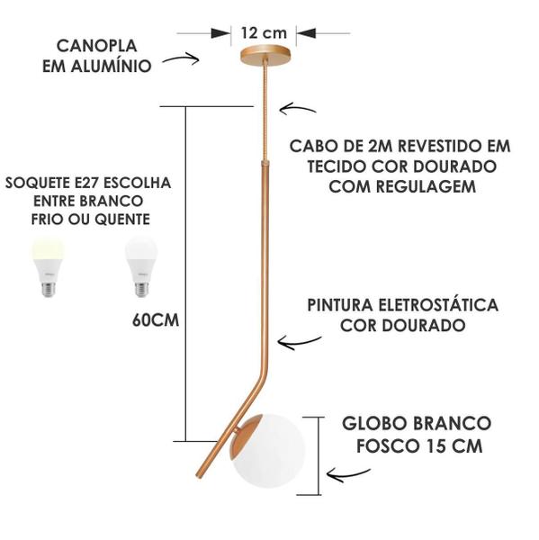 Imagem de Kit 2 Pendente Inclinado Globo 15 Jabuticaba Dourado Bf