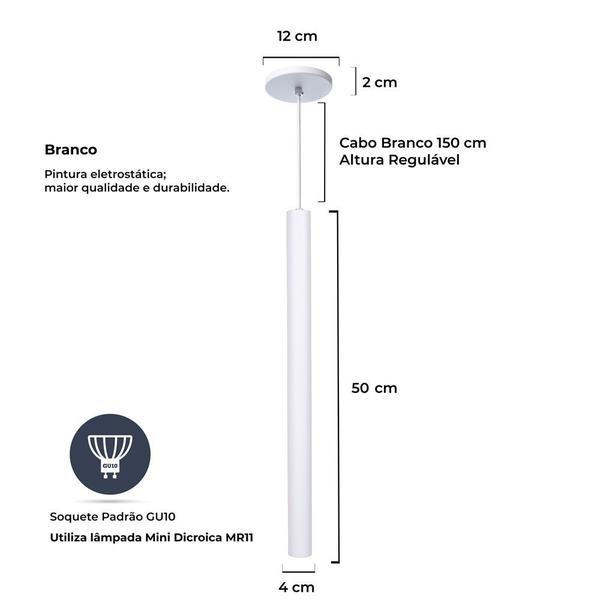 Imagem de Kit 2 Pendente Luminária Tubo Branco 50 Cm + Lâmpada LED Branco Frio