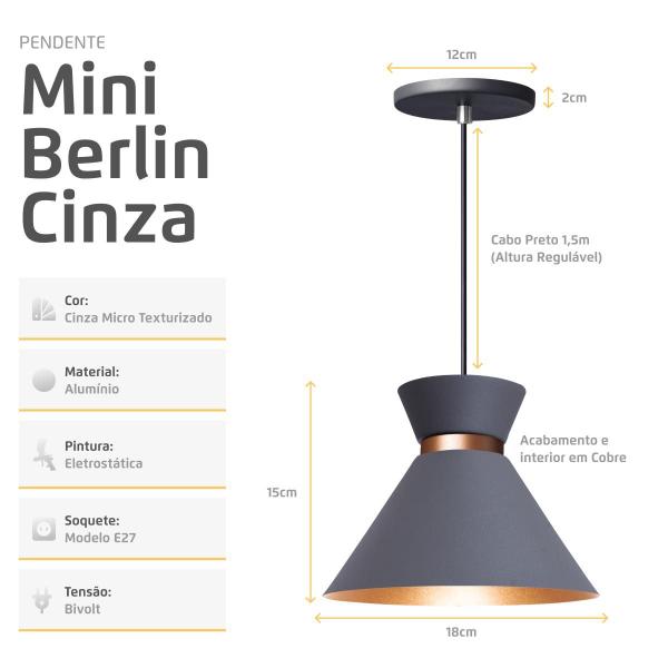 Imagem de Kit 2 Pendente Lustre Luminária Berlin 15cm Cinza