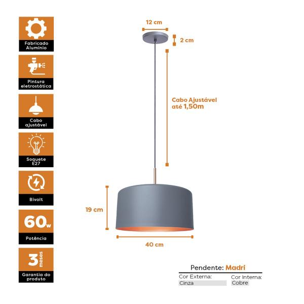 Imagem de Kit 2 Pendente Lustre Luminária Madri Cinza