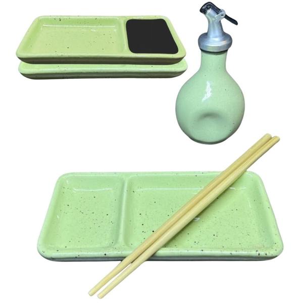 Imagem de Kit 2 Pessoas Sushi com Divisória de Shoyu Porcelana Verde Mesclado Comida Japonesa