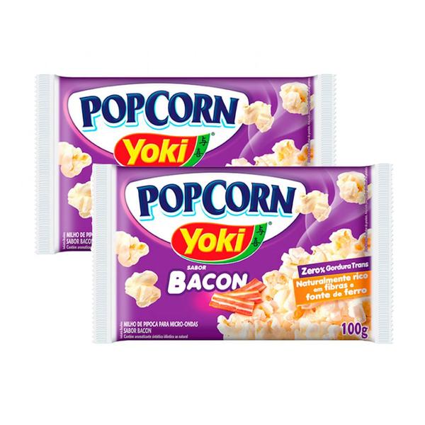 Imagem de Kit 2 Pipoca para Microondas Popcorn Yoki Bacon 0% Gordura Transgênicas, Rico em Fibras, Fonte de Ferro 100g