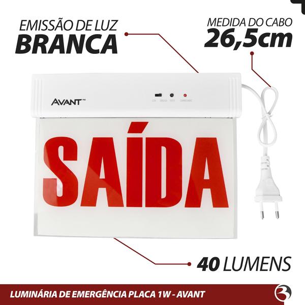 Imagem de KIT 2 Placa Sinalização Saída Vermelha 40lm 1w Bivolt 2lados 6000k - Avant