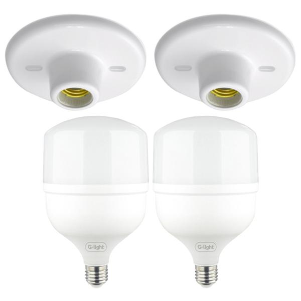 Imagem de Kit 2 Plafonier De Teto Soquete De Porcelana E27 Plafon Branco Decorativo Com 2 Lampada De Led 50W Luz Branca Autovolt