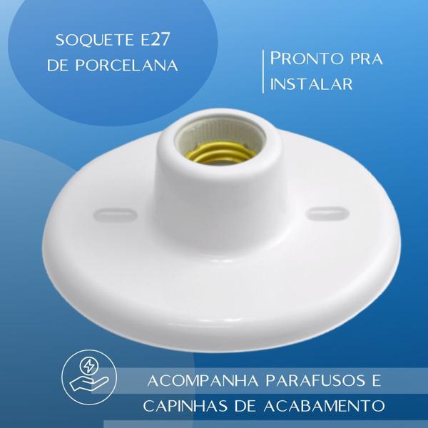 Imagem de Kit 2 Plafonier De Teto Soquete De Porcelana E27 Plafon Branco Decorativo Com 2 Lampada De Led 50W Luz Branca Autovolt