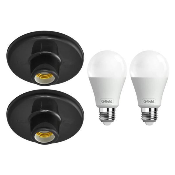 Imagem de Kit 2 Plafonier Plafon Soquete E-27 Preto Com 2 Lâmpada Led 12W Autovolt Cor Da Luz Branca P/ Sala Quarto Cozinha