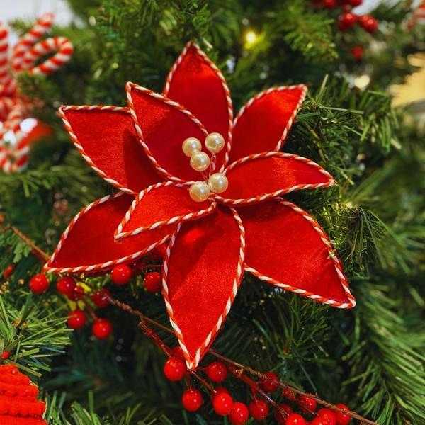 Imagem de Kit 2 Poinsetia Decorativa Natalina Vermelha com Bordas Vermelha e Branca 35cm Tok da Casa