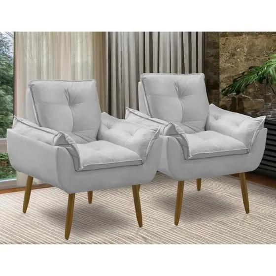 Imagem de Kit 2 Poltrona Cinza Claro decorativa opala confortável para sala quarto recepção suede luxo