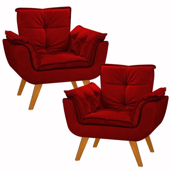 Imagem de Kit 2 Poltrona Decorativa Canoa Retrô Suede Vermelho para Sala de Estar Luxo Escritório Quarto