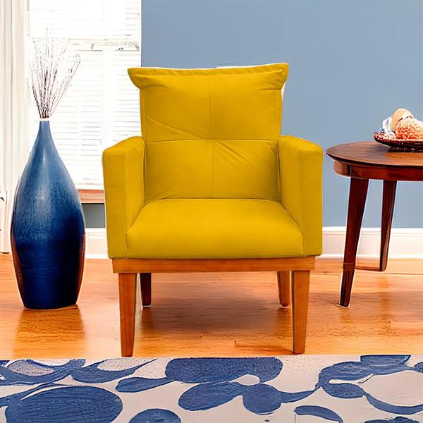 Imagem de Kit 2 Poltrona Decorativa Duda com Base de Madeira para Sala e Quarto Suede Amarelo - LH Decor