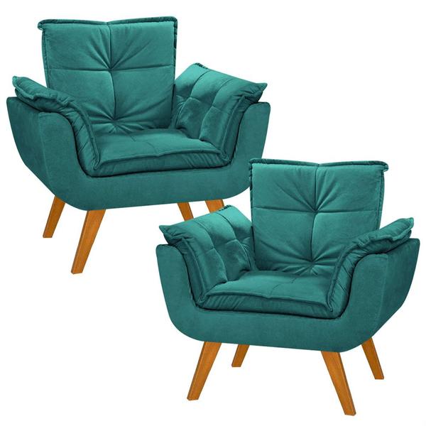 Imagem de Kit 2 Poltrona Decorativa Gran Opala Suede Azul Tiffany para Sala de Estar Luxo Escritório Quarto