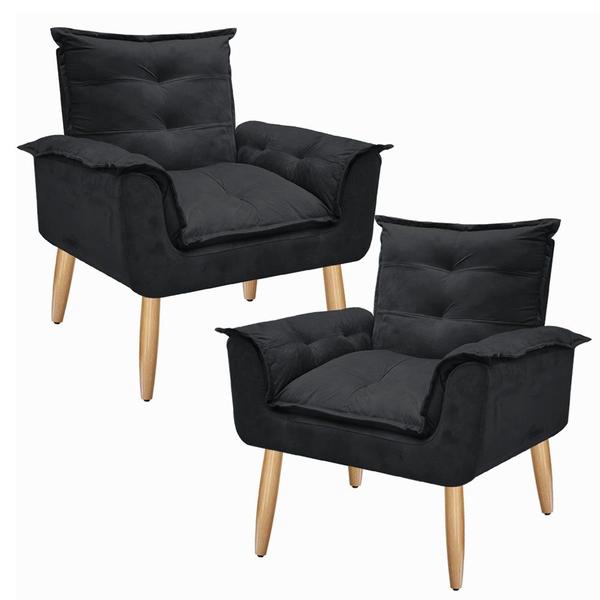 Imagem de Kit 2 Poltrona Decorativa Gran Opala Suede Preto para Sala de Estar Luxo Escritório Quarto