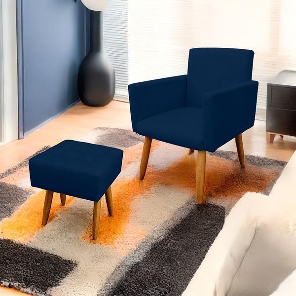 Imagem de Kit 2 Poltrona Decorativa Nina com Puff New para Sala e Quarto Suede Azul - LH Decor