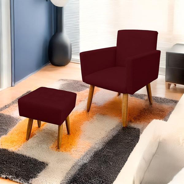 Imagem de Kit 2 Poltrona Decorativa Nina com Puff New para Sala e Quarto Suede Bordo - LH Decor