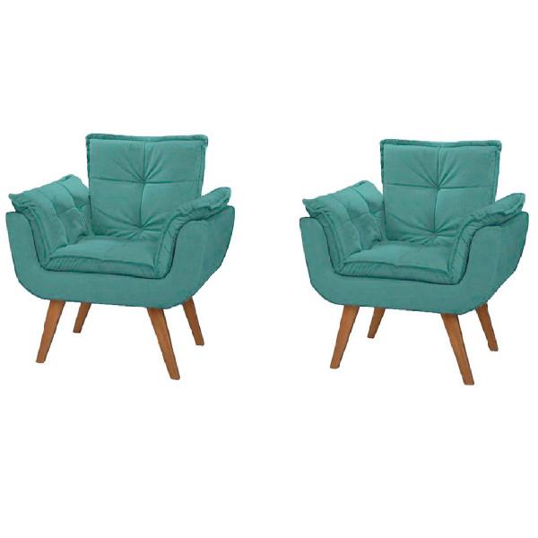 Imagem de Kit 2 Poltrona Decorativa Opala Suede Azul Tiffany  para Sala de Estar Luxo Escritório Quarto