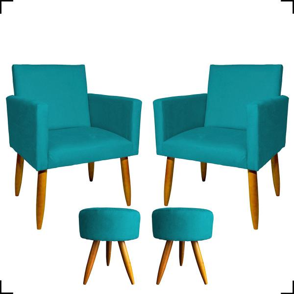 Imagem de Kit 2 Poltrona Decorativa Reforçada Recepção + 2 Puff Redondo Suede Azul Turquesa - Clique e Decore