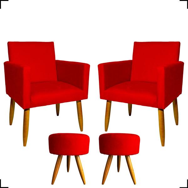 Imagem de Kit 2 Poltrona Decorativa Reforçada Recepção + 2 Puff Redondo Suede Vermelho - Clique e Decore