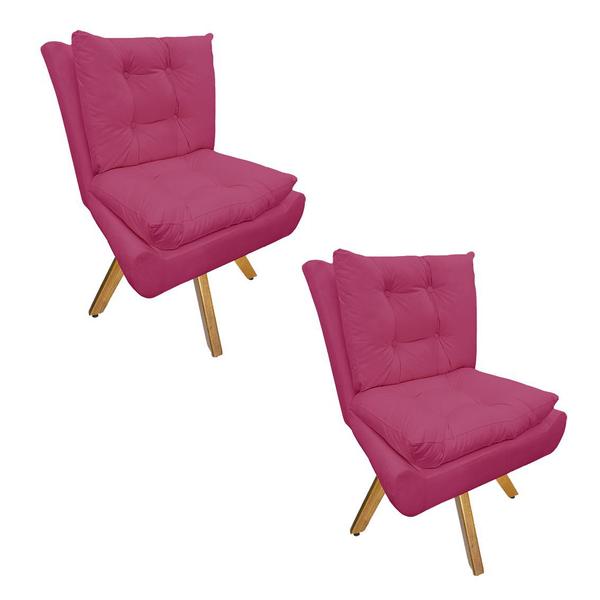 Imagem de Kit 2 Poltrona Estofada Recepção Com Base Giratória de Madeira Karen Suede Rosa Pink DL Decor