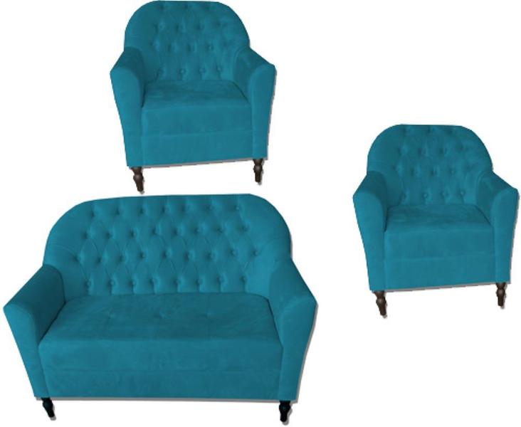 Imagem de Kit 2 Poltrona + Namoradeira Decorativa Para Sala Recepção Consultorio Suede Azul Turquesa -ANCHAR ESTOFADOS