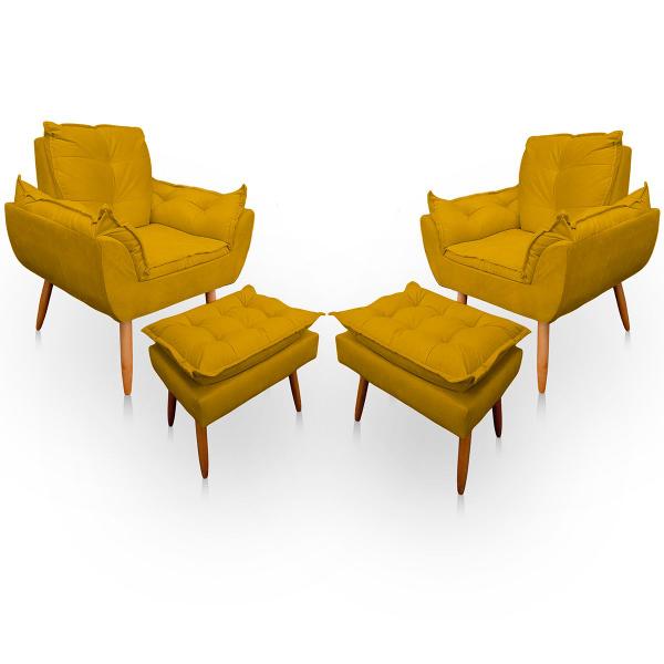 Imagem de Kit 2 Poltrona Opala com Puff Opala para Sala e Quarto Suede Amarelo - Jylcrom