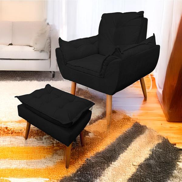 Imagem de Kit 2 Poltrona Opala com Puff Opala para Sala e Quarto Suede Preto - LH Decor