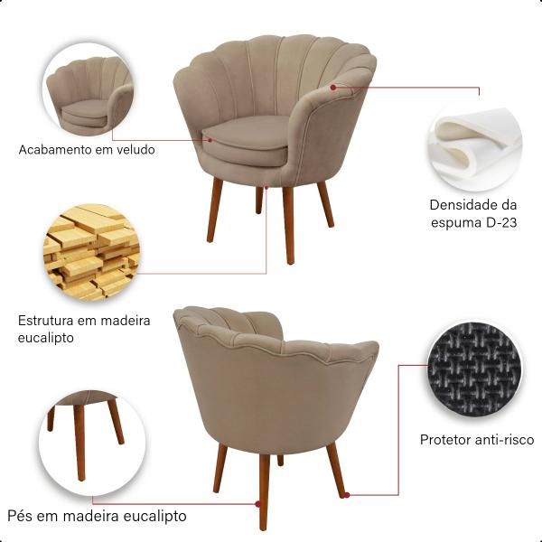 Imagem de Kit 2 Poltrona Sala Decorativa Pétala Veludo Bege Pés Palito Castanho