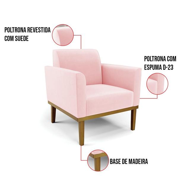 Imagem de Kit 2 Poltronas Base de Madeira Fixa Castanho Marisa Suede Rosa Bebê D03 - D'Rossi