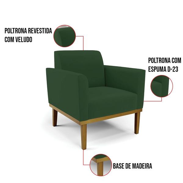 Imagem de Kit 2 Poltronas Base de Madeira Fixa Castanho Marisa Veludo Verde  D03 - D'Rossi