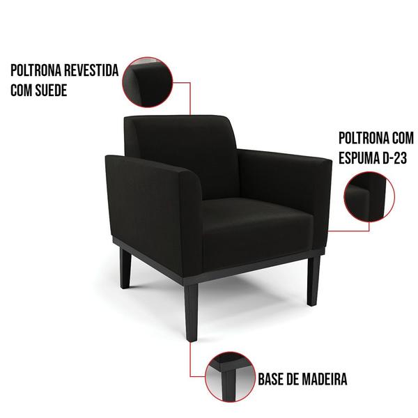 Imagem de Kit 2 Poltronas Base de Madeira Fixa Preto Marisa Suede Preto  D03 - D'Rossi