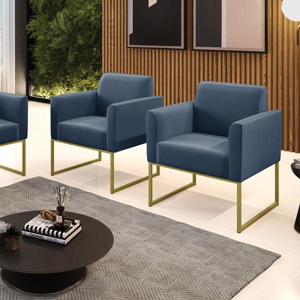 Imagem de Kit 2 Poltronas Base Industrial Dourado Marisa Suede Azul Marinho D03 - D'Rossi