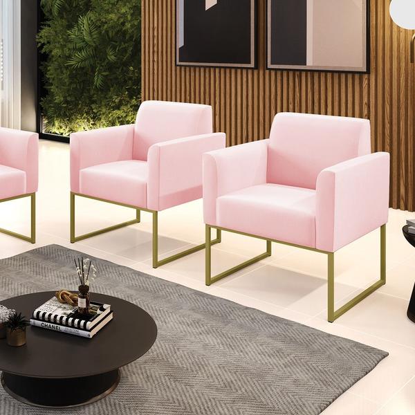 Imagem de Kit 2 Poltronas Base Industrial Dourado Marisa Suede Rosa Bebê D03 - D'Rossi