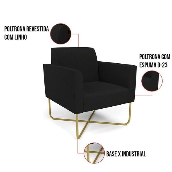 Imagem de Kit 2 Poltronas Base X Industrial Dourado Marisa Linho D03 - D'rossi Cor A79 Preto