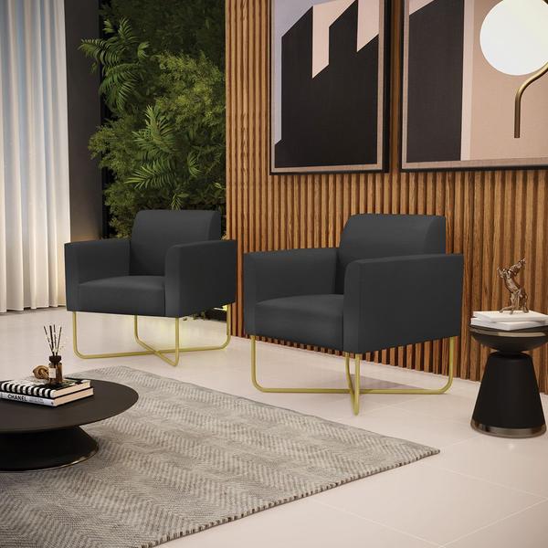 Imagem de Kit 2 Poltronas Base X Industrial Dourado Marisa material sintético Preto  D03 - D'Rossi