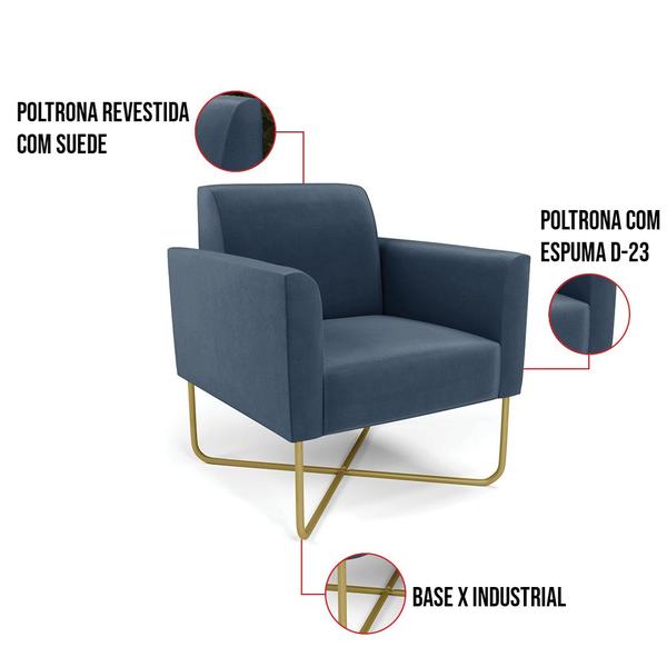 Imagem de Kit 2 Poltronas Base X Industrial Dourado Marisa Suede Azul Marinho  D03 - D'Rossi