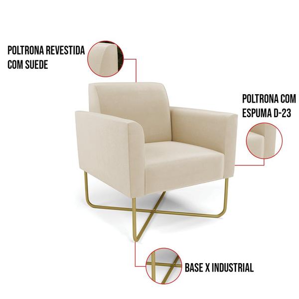 Imagem de Kit 2 Poltronas Base X Industrial Dourado Marisa Suede Bege  D03 - D'Rossi