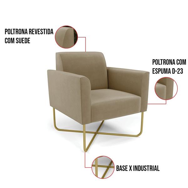 Imagem de Kit 2 Poltronas Base X Industrial Dourado Marisa Suede Marrom Rato  D03 - D'Rossi