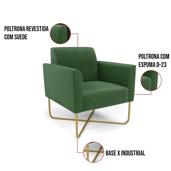 Imagem de Kit 2 Poltronas Base X Industrial Dourado Marisa Suede Verde  D03 - D'Rossi